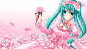 かわいいアニメ初音ミク ピンクのドレスとバラ