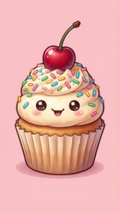 幸せそうな顔をした甘いかわいいカップケーキ。 — カワイイ 壁紙