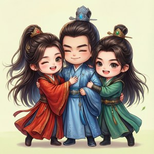 『19 Days』のメインキャラ4人がちびキャラでグループハグ。 — Infinix Zero 壁紙