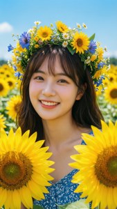 ひまわり畑で花冠をかぶった美しい少女。