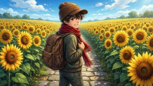 晴れた日にひまわり畑を歩くアニメの少年 — アニメの子供 壁紙