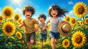 明るい夏の日に、ひまわり畑で遊ぶアニメの子供たち。 — アニメの子供 壁紙