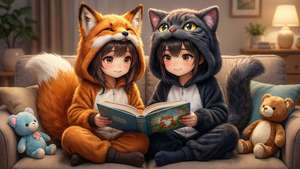 アニメ風の子供たちが動物のパジャマを着て、居心地の良いソファで一緒に本を読んでいる。 — アニメの子供 壁紙