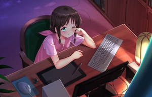 アニメの少女がラップトップの前で眠気をこらえる — アニメ ノートパソコン 壁紙