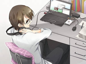 アニメの男性がヘッドホンを手に持ちながらノートパソコンで作業中 — アニメ ノートパソコン 壁紙