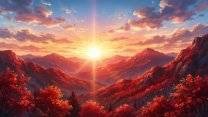 アニメ風の鮮やかな赤い山の風景と夕日