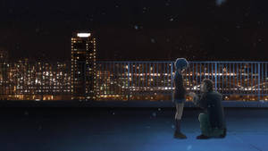 アニメ学校風景 夜の屋上の長門有希とキョン