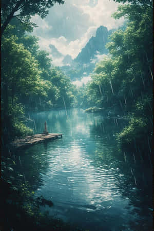 アニメ、湖、雨、森、緑、霧、山々、桟橋、平和な、憂鬱な、自然、風景、4K — iPhone 4 壁紙