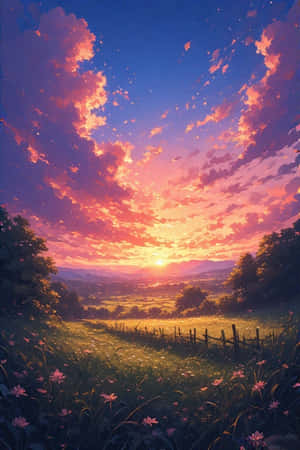 アニメの夕日、田園風景、夢のような空、幻想的、鮮やかな色彩、壁紙、デジタルアート、アニメの風景、田舎、美しい、静かで穏やか — アニメ風景 壁紙