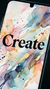 「Create」のタイポグラフィと水彩スプラッシュが施されたPixel 8の壁紙