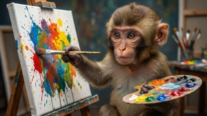 パレットを持ってキャンバスに絵を描くかわいい猿。 — かわいい猿 壁紙