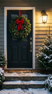 雪の中、リースとポーチライトが飾られた温かみのある玄関ドア。 — 居心地の良いクリスマスの美学 壁紙