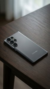暗い木製デスクの上に置かれたS24 Ultraと、柔らかな間接照明が特徴の、スタイリッシュな壁紙。 — S24 Ultra 壁紙