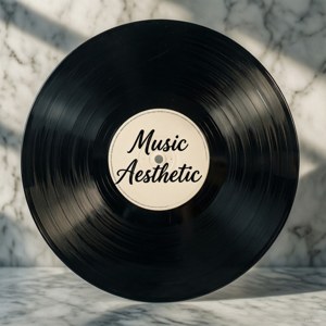大理石のミニマルな背景に「Music Aesthetic」の文字が入ったビニールレコード。 — 音楽 美学 壁紙