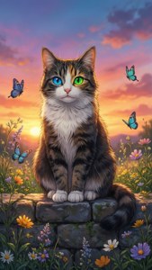 草原の中で、異なる色の瞳を持つ美しい猫 — アニメ猫 壁紙