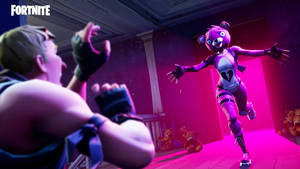 ピンクのテディベアキャラクターが男性キャラクターに向かって走るFortnite HD壁紙