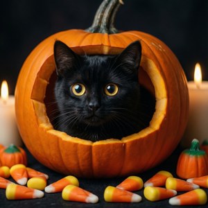 キャンディコーンと一緒にジャック・オー・ランタンから顔を出す愛らしい黒猫。 — かわいいハロウィン 壁紙