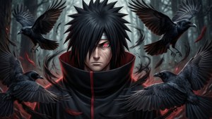 黒いアニメスタイルで描かれたイタチと、カラスと写輪眼の壁紙。 — 黒いアニメ 壁紙
