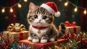 サンタ帽をかぶったちびアニメ猫が、フェアリーライトの飾られたプレゼントの上に座っている。