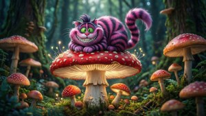 魔法の森で巨大なキノコの上に座るチェシャ猫。 — チェシャ猫 壁紙