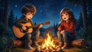 星空の下、キャンプファイヤーを囲んでギターを弾きながら歌うアニメの子供たち。 — アニメの子供 壁紙