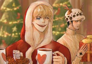 クリスマスのコラソンとトラファルガー・ローのワンピースファンアート — ワンピース 壁紙
