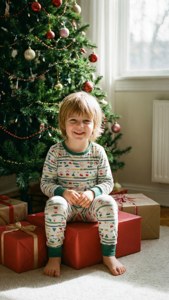 クリスマスの朝、パジャマ姿の子供がツリーのそばでプレゼントと共に過ごす、心温まる光景。 — クリスマス GIF 壁紙