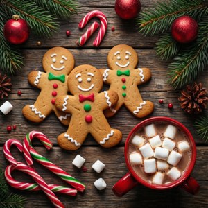 クリスマスクッキー、ジンジャーブレッド、キャンディケイン、ホットココアを真上から撮影したフラットレイ。