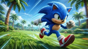 ソニックが象徴的なグリーンヒルゾーンをエネルギーとスピードで駆け抜ける。 — ソニック 壁紙