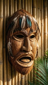 ココナッツの殻と羽で作られたティキマスクが、温かな光に照らされた竹の壁に掛かっている。 — iPhone 5 壁紙