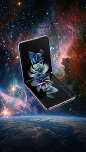 Z Flip 5が鮮やかな星雲と星空を背景に宇宙空間に浮かんでいる。