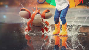 コルフィッシュが水たまりで子どもと水しぶきを上げる — 3D 壁紙