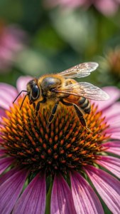紫色のコーンフラワーに留まるミツバチのマクロ撮影、自然の美しさ — 花の美学 壁紙