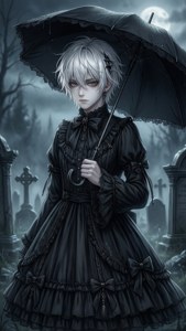 アニメ風のゴシックロリータの少年が霧のかかった墓地に立っている。 — アニメ エスセティック GIF 壁紙