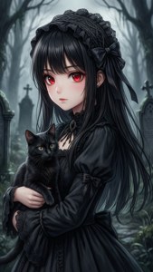 墓地に黒猫と一緒にいる、かわいいゴシック風アニメの少女。 — かわいいアニメのプロフィール画像 壁紙