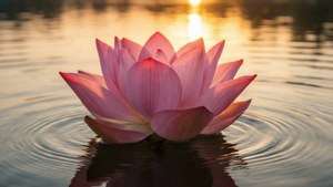 夕暮れの静かな水面に咲く、フォトリアリスティックなピンクの蓮。 — 蓮の花 壁紙