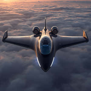 未来的な航空機、ジェット機、飛行機、航空、雲、空、飛行、テクノロジー、夕日、雲海、空中、現代的、輸送、革新、未来、ビジネスジェット、旅行、高級、ハイテク