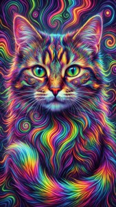 虹色のストライプとネオンカラーの渦が特徴の、トリッピーなチェシャ猫。 — iPhone 5 壁紙