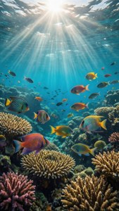 サンゴ礁に陽の光が差し込み、熱帯魚が泳ぐ水中風景。 — iPad 壁紙