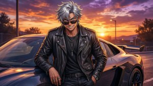 夕焼けの中、スポーツカーと共にポーズを決めるスタイリッシュなアニメ少年。