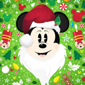 サンタ帽をかぶったミッキーマウスとクリスマスデコレーション — ディズニークリスマス 壁紙