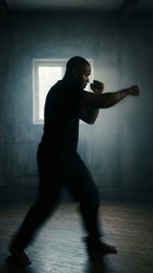 薄暗い光の中、シルエットとなったトラビス・フルトンがシャドーボクシングを行う姿。