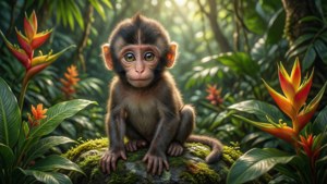 熱帯のジャングルで、柔らかな日差しを浴びながら苔むした岩の上に座っている愛らしい赤ちゃん猿 — かわいい猿 壁紙