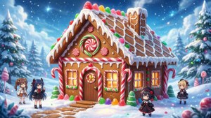 アニメ風のジンジャーブレッドハウスにキャンディと雪、ファンタジースタイル。