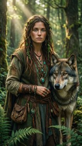 スカイと彼女の狼が陽の差す森の中にいる様子 — ヴァロラント 壁紙