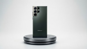 S24 Ultraを台座に置いたプロダクトスタジオ撮影、クリーンな白背景。