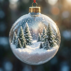 クリスマスツリーの飾りの中に、雪景色のミニチュアが広がっています。 — クリスマス エステ 壁紙