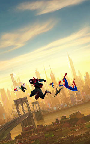 様々なスパイダーマンが空中を跳び回る『スパイダーバース』の壁紙 — Galaxy Tab S9 壁紙