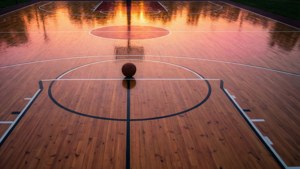 夕日に染まるバスケットコートの見事なパノラマビュー。 — バスケットボール GIF 壁紙