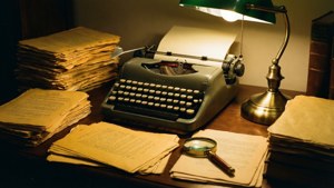 タイプライターと書類が置かれたダークアカデミア風の書斎。